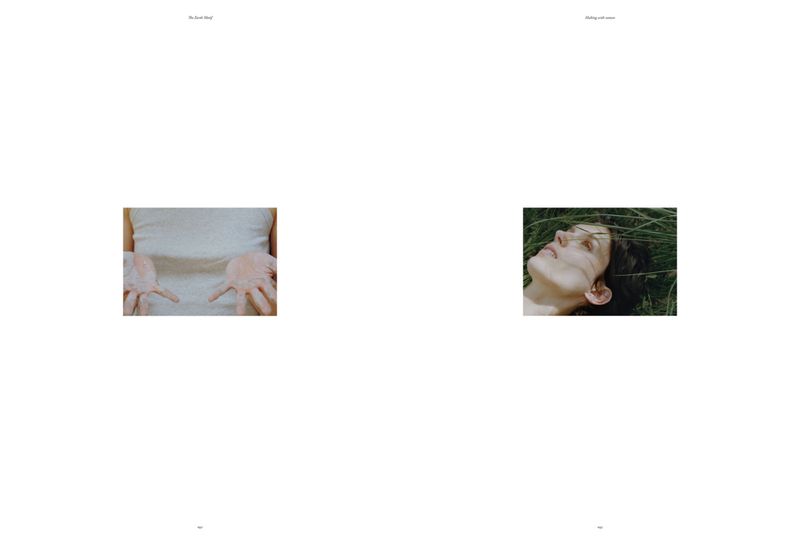 A split-image artistic spread showcasing a fair-skinned person's torso and hands on the left and a fair-skinned person lying in grass on the right.