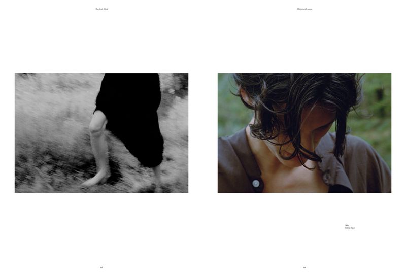 Monochrome diptych features blurry female legs in motion and a close-up of a woman's shoulders and head in a soft, natural setting.
