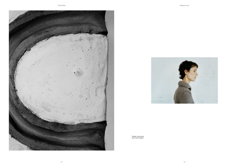Monochromatic studio shot presents a woman in a grey knit, standing near a white wall, juxtaposed with a close-up of an abstract grey and white sculpture.