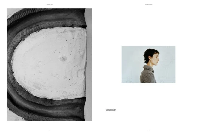 Monochromatic studio shot presents a woman in a grey knit, standing near a white wall, juxtaposed with a close-up of an abstract grey and white sculpture.