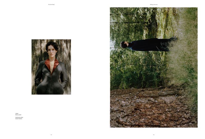 Fashion editorial featuring a woman in a grey blazer against a tree, and another woman in dark clothing in a lush green forest setting.