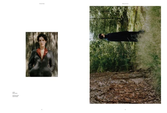 Fashion editorial featuring a woman in a grey blazer against a tree, and another woman in dark clothing in a lush green forest setting.