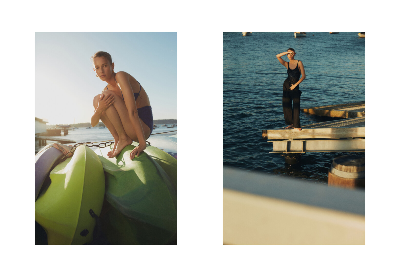 Two scenes: a woman in swimwear perched on kayaks, and a woman in black clothes standing on a dock by the water during the daytime.