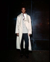 A man wearing a tan trench coat and patterned scarf posing against a dark wall for an editorial shoot.