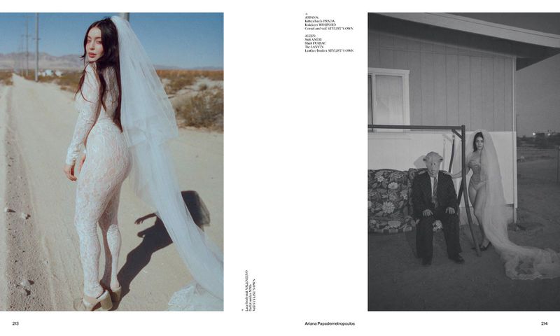 Fashion editorial featuring a woman in a lace bodysuit and long veil standing on a dirt road near mountains, with a black and white shot of a seated man.
