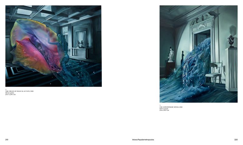 Two art paintings showcase surreal indoor scenes with a woman, flowing water, sculptures, and gray room interiors with architectural details.