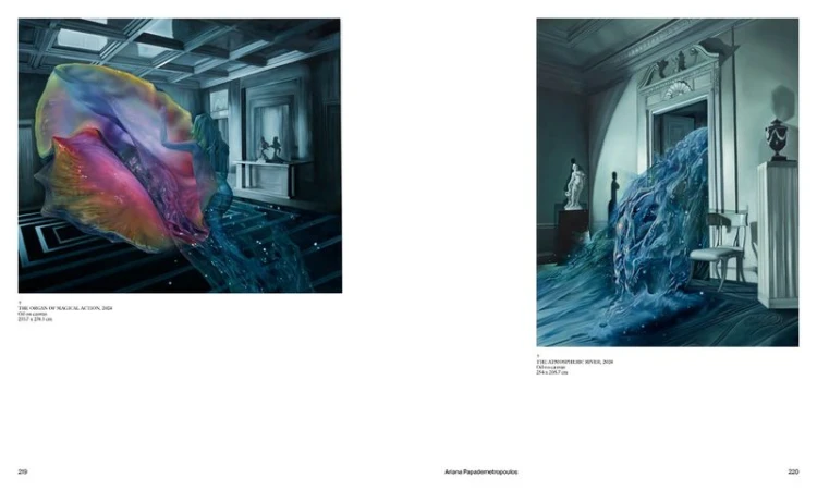 Two art paintings showcase surreal indoor scenes with a woman, flowing water, sculptures, and gray room interiors with architectural details.