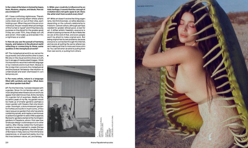 Adult female model posing with a giant green botanical structure framing her face in a dry, outdoor desert environment with mountains.