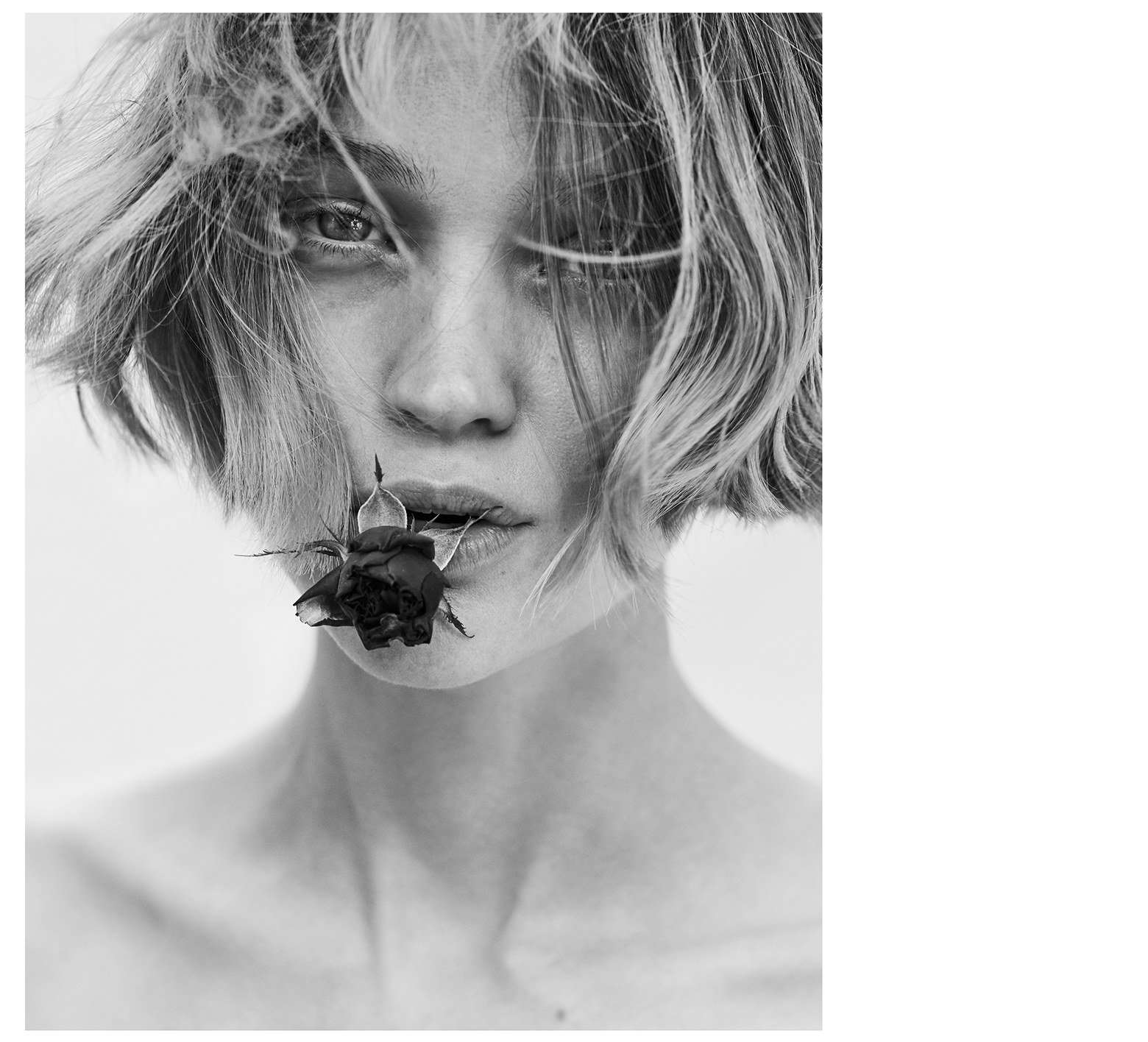 Striking black and white portrait of a young woman with short hair, holding a dark rose in her mouth, emphasizing beauty and artistry.