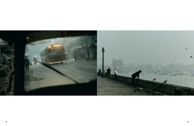 Two separate street scenes showcase a vintage bus in India and a harbor with silhouetted people and birds in an overcast ambiance.