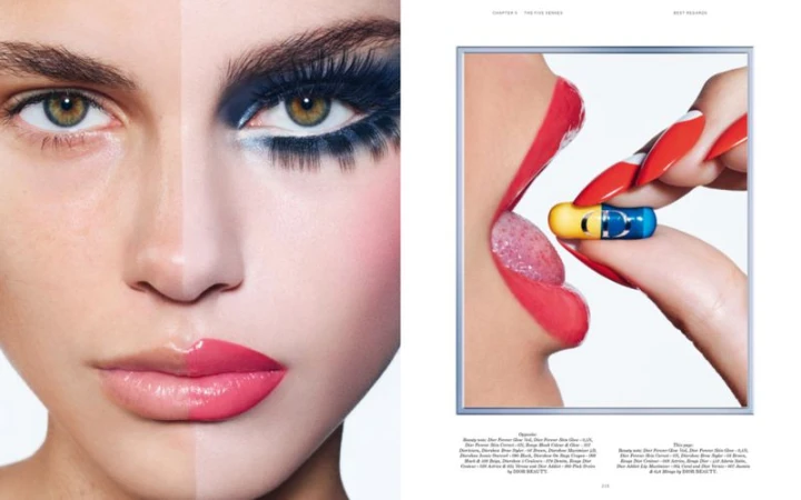 Conceptual beauty shot with a half-faced portrait, heavy makeup, and a pill held to painted lips, set against a clean white background.