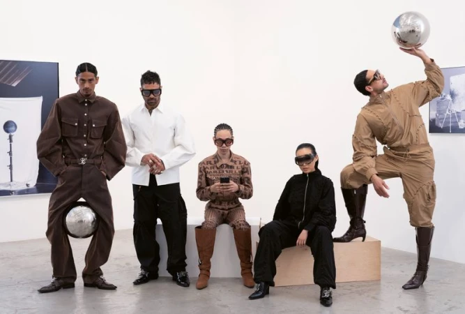 Five people wearing stylish jumpsuits and eyewear strike poses in a photo studio with disco balls and photographic prints on the wall.