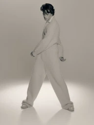 A man wearing a fuzzy matching sweater and trousers standing against a seamless pale studio background.