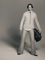 Full-length portrait of a male model wearing a textured knit sweater, collared shirt, and patterned trousers, holding a dark travel bag.