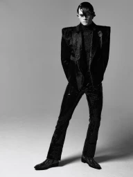 Man wearing a black structured blazer with sharp shoulders and dark trousers against a grey seamless background
