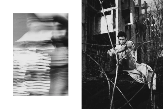 Black and white diptych of blurry figure and man sitting among branches and wooden structure in artistic, contrasting compositions.