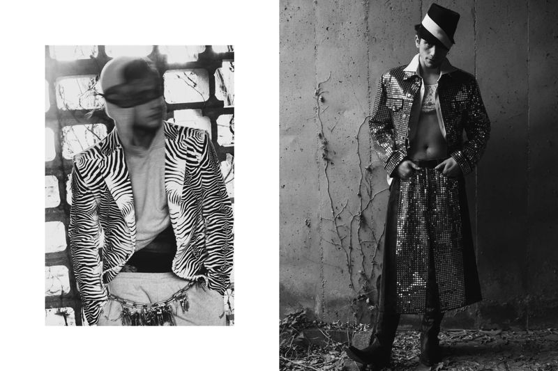 Two fashion models in black and white, one wearing a zebra-striped jacket and the other in a shiny, disco-like jacket and skirt.