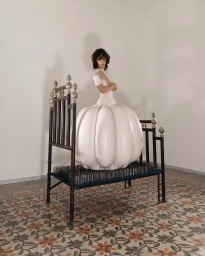 Model wearing a sculptural white inflatable garment standing on a bed of nails within a sparse room.