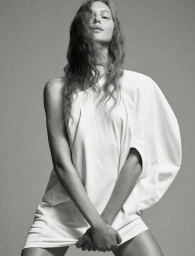 Model Angelina Kendall in a white t-shirt for Middle Plane Magazine, photographed by Mark Kean against a grey backdrop.