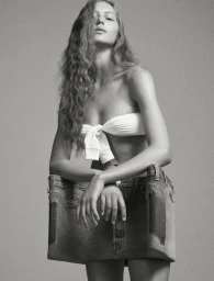 Model Angelina Kendall leaning on oversized denim waistbands wearing a white tied tube top against grey seamless background