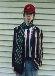 A young male model wearing a red baseball cap, patterned scarf, and striped blazer against a horizontal slatted wall background.