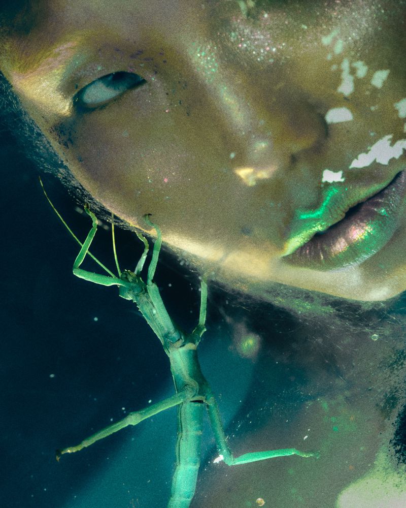 Close-up studio shot of a woman's face with iridescent makeup, alongside a green stick insect, both set against a dark background.
