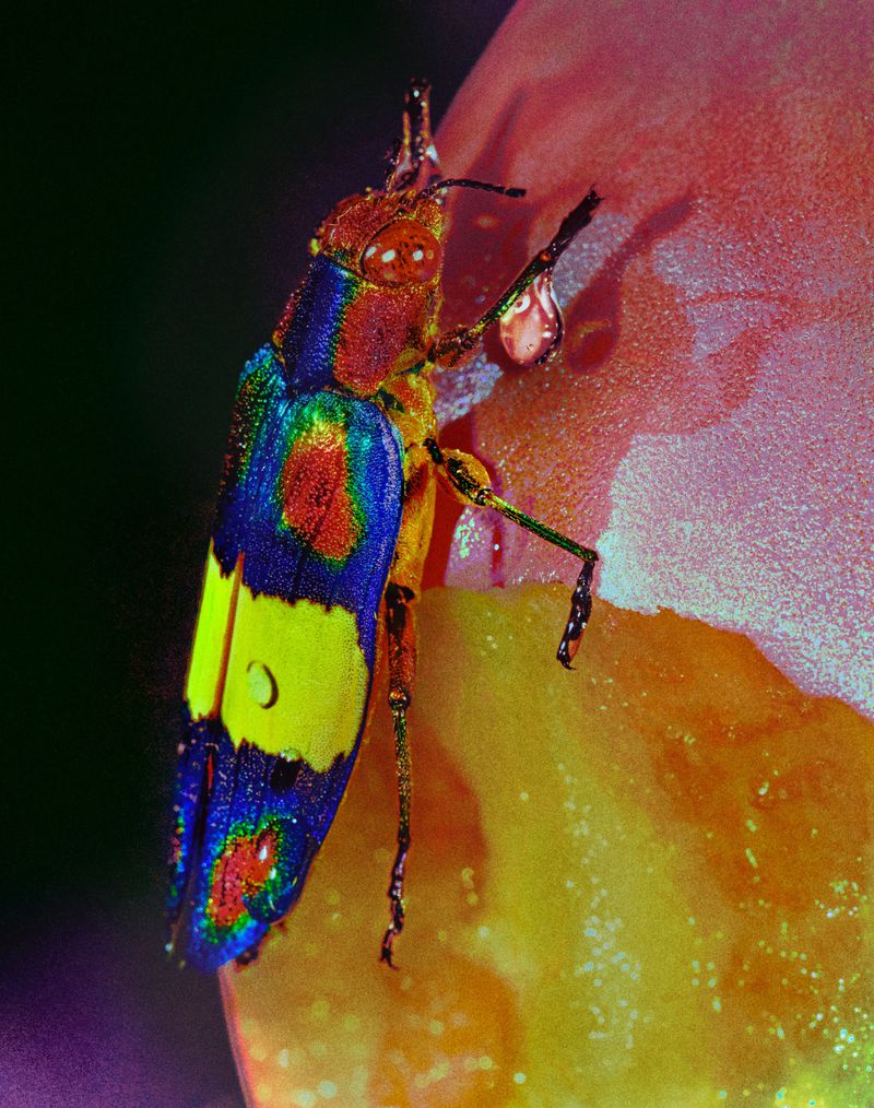 A vibrant jewel beetle clings to a pink and yellow fruit, illuminated by a soft glow that enhances its metallic sheen and detailed texture.