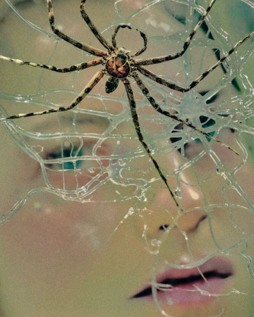 Striking close-up of a brown spider on cracked glass, partially obscuring a woman's face, creating an eerie and surreal composition.