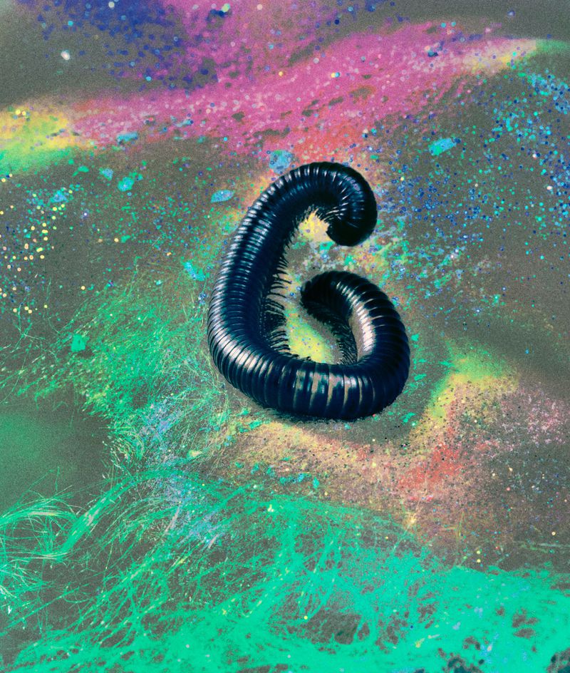 Close-up of a black millipede on a textured surface featuring swirls of pink, green, and blue hues. Dark background.