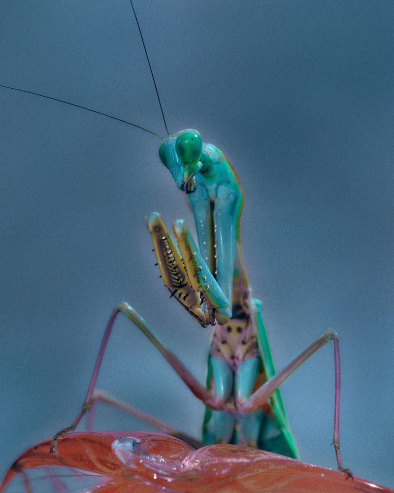 Close-up studio shot of a vibrant praying mantis. The insect has an iridescent blue-green exoskeleton, detailed features, and a red base.