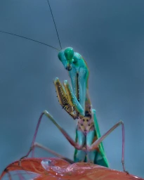 Macro photograph of a green praying mantis perched on a red surface against a muted grey-blue background.