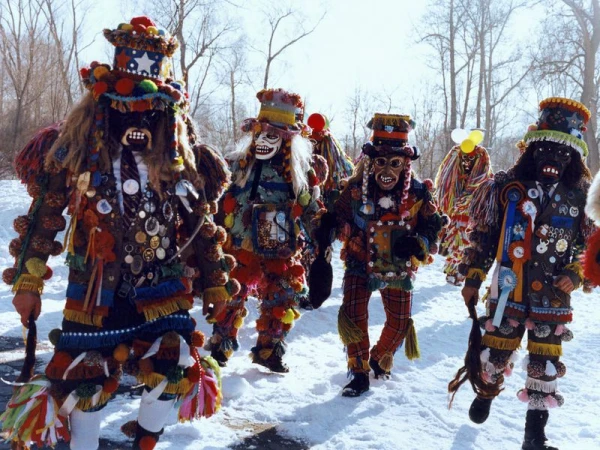 Mummers in elaborate costumes parade through snow in daylight. Street scene with masked and costumed figures and trees in background.