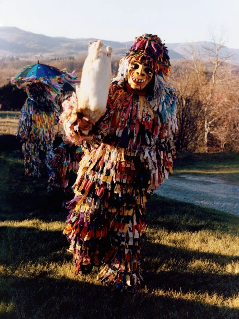 Three people in traditional Shrovetide costumes with masks and colorful fabric strips walk along a grassy path on a sunny day.