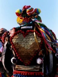 Rear view of person in elaborate traditional folk costume with metallic heart, pom-poms, and colorful ribbons against a clear sky
