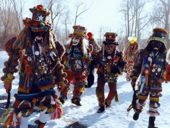 Group of figures in elaborate folkloric costumes and tall decorated hats walking through a snowy landscape