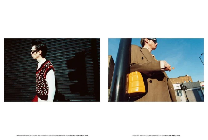 Two outdoor fashion shots. Left: man in patterned vest. Right: man in suit at pedestrian crossing. Sunglasses on both, urban backdrop.