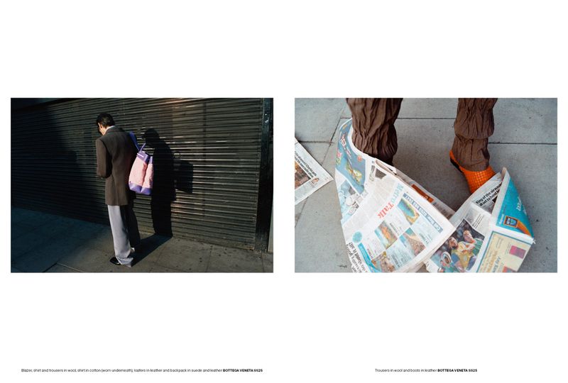 Fashion editorial image featuring a man in a blazer with a tote bag and a person with newspaper wrapped around their footwear.