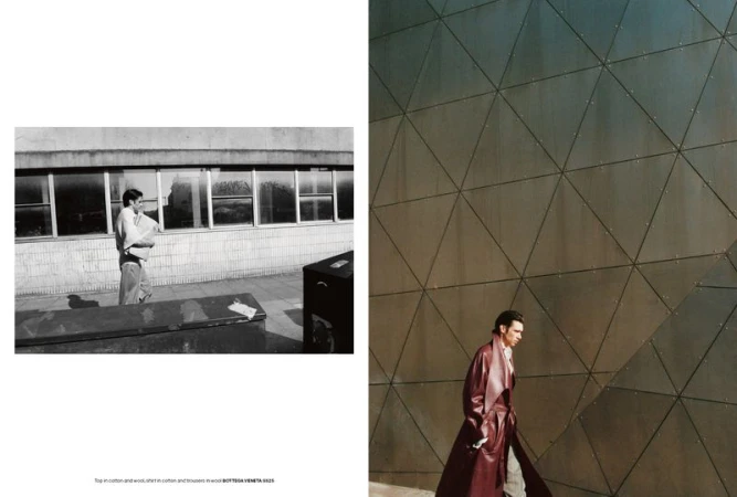Black and white image shows a man holding package outside building; color image features man in long coat walking past patterned wall.
