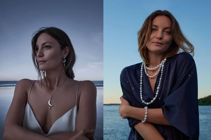 Split-screen portrait of a woman wearing pearl jewelry, showcasing a necklace and earrings on a beach, contrasted with a bracelet.