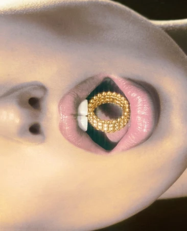 Close-up of parted lips holding a textured gold ring between teeth for Cartier high jewelry editorial by Riccardo Apostolico
