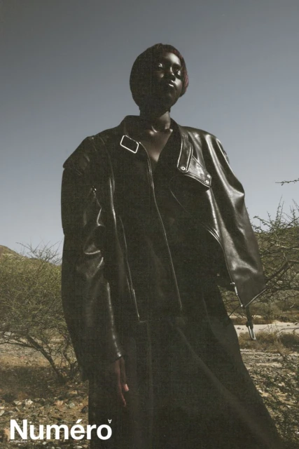 Fashion shot of a Black model in a black leather jacket and dress, posing outdoors against a clear sky in an arid landscape.