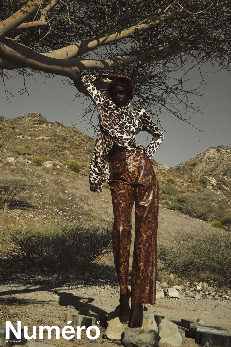 Fashion editorial image of a black woman in patterned clothing standing under a tree in a desert landscape on a sunny day.