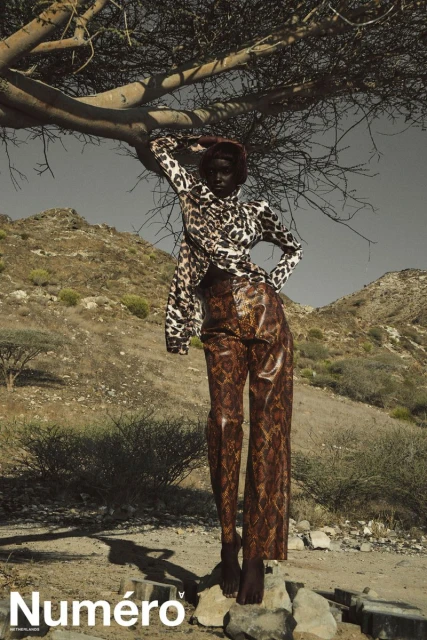 Fashion editorial image of a black woman in patterned clothing standing under a tree in a desert landscape on a sunny day.