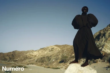 A model standing barefoot on a rock wearing a dark dress with voluminous puff sleeves against a desert and blue sky background.