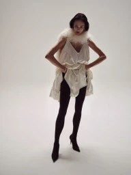 Model Aymeline Valade wearing a white slip dress and feathered collar against a plain white studio backdrop.