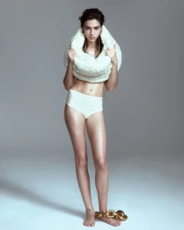 Model Loli Bahia wearing a textured white top and briefs with a large chain at her feet on a grey background