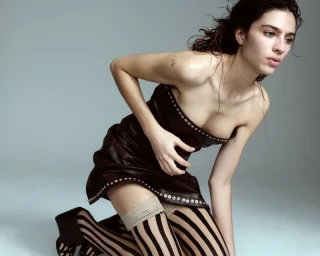 Model Loli Bahia kneeling in a black strapless dress and striped stockings against a grey studio backdrop for Pop Magazine.