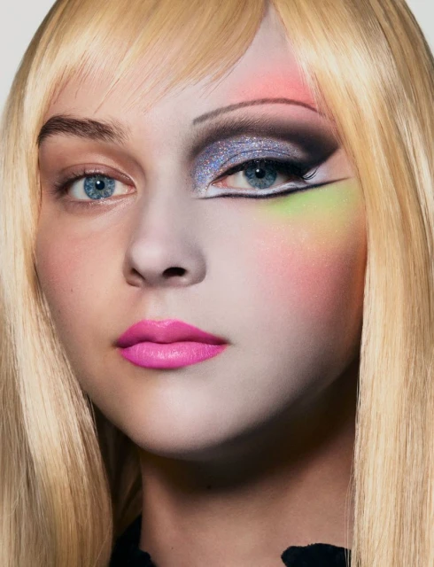 Close-up of a woman's face showing a before-and-after makeup transformation with dramatic eye makeup, bright pink lipstick, and blonde wig.