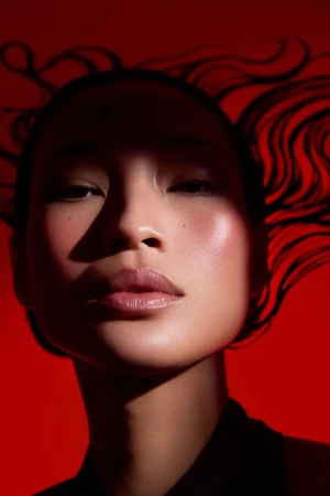 Close-up portrait of an East Asian woman with dramatic shadow cast across her face against a bold red background.