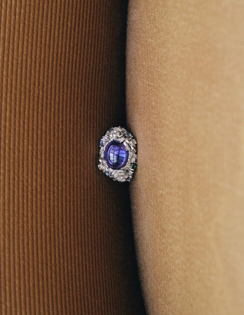 Close-up of an elaborate jewel attached to a light-brown fabric. The jewel features a large, round, deep-purple stone surrounded by smaller gems.